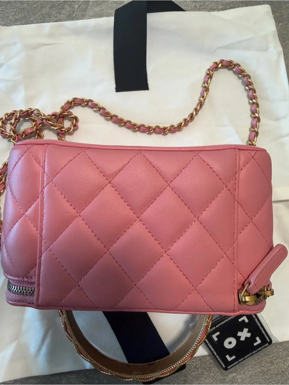 Lambskin Quilted Metal Twist Small Top Handle Vanity Case With Chain Pink.